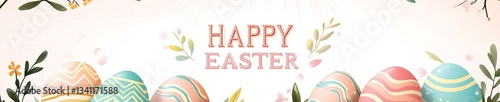 Colorful easter eggs with floral patterns and spring flowers create a festive scene with a happy easter message, celebrating the joy and renewal of the season