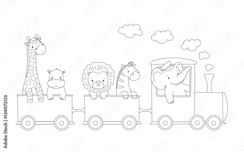 Fototapeta premium Cute train with african animals. Outline zebra, elephant and giraffe, cartoon illustration for childish coloring book