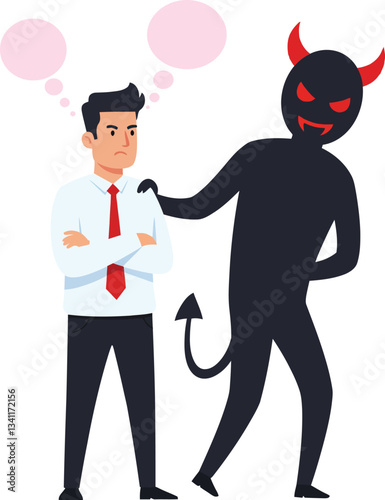 A conflicted businessman in a white shirt stands with crossed arms while a mischievous devil figure whispers temptations, showcasing a flat design vector illustration