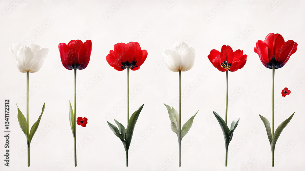 Obraz premium A colorful arrangement of red and white tulips on a white background. The bright flowers contrast with the minimalist setting. This shot conveys a sense of freshness and spring.