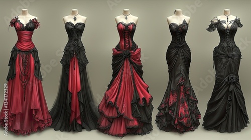 Five Gothic Style Dresses Displayed on Mannequin Forms