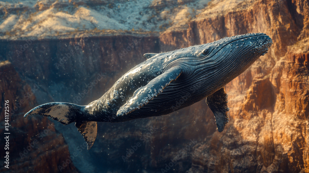 Humpback whale gliding through clear waters near rocky canyon in golden sunlight