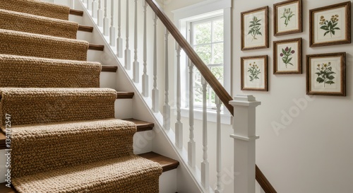 Carpeted Staircase with White Railing and Botanical Prints on Wall