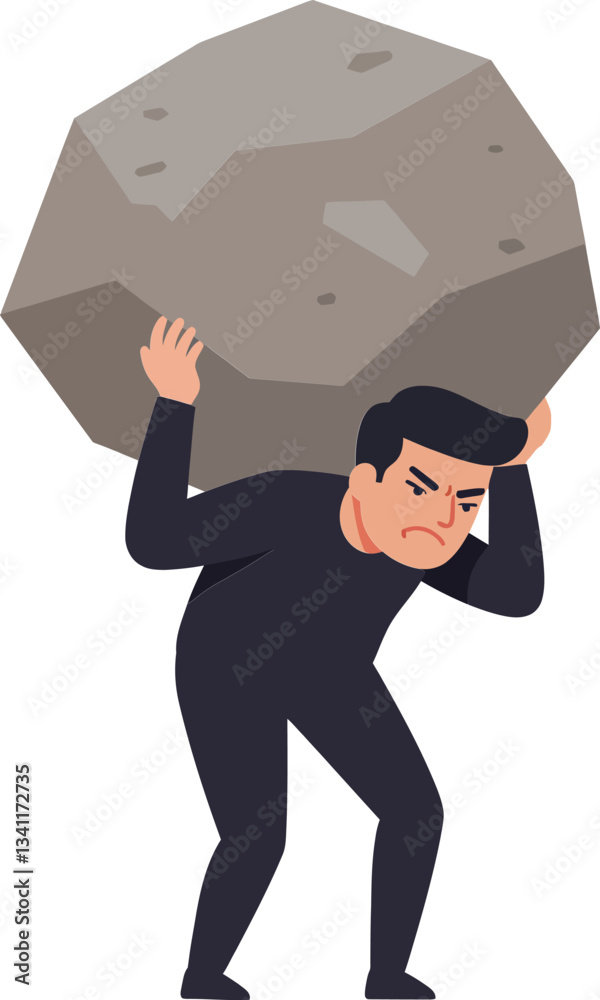 A determined man struggling to carry a heavy rock in a flat style vector illustration showcasing persistence and effort in an uphill challenge