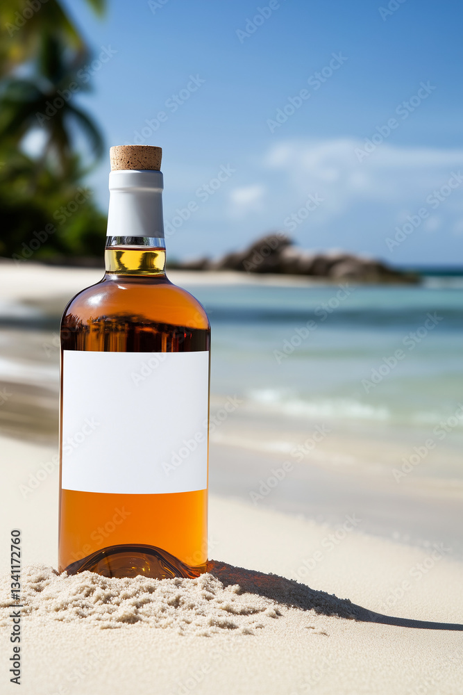 a rum bottle standing in the sand at a wonderful tropical beach with a blank white label a rum bottle standing in the sand at a wonderful tropical beach with a blank white label