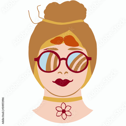 Enigmatic Portrait: An illustrated portrait showcases a woman with unique features, adorned with stylish round glasses, a quirky mustache, and a decorative necklace