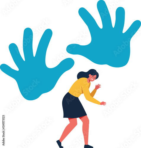 A woman in a yellow shirt and black skirt cautiously walks while large blue hands loom behind her in a flat vector illustration