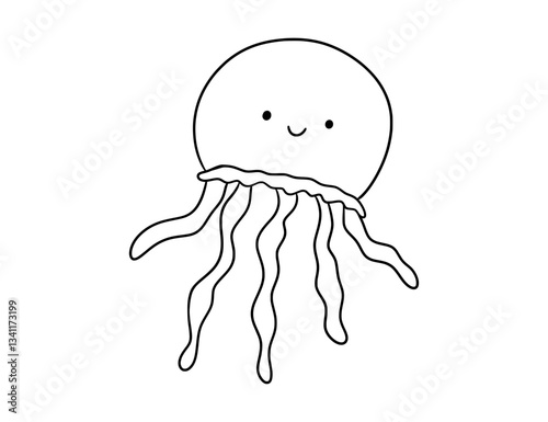 Cute smiling jellyfish, line sea animal doodle illustration for children. Vector nautical drawing for coloring book