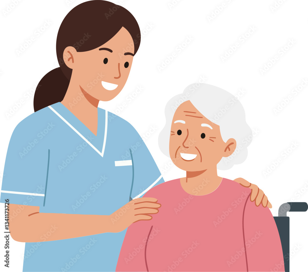 Fototapeta premium Caring nurse assisting an elderly woman in a wheelchair, showcasing compassion and professionalism in a flat vector illustration