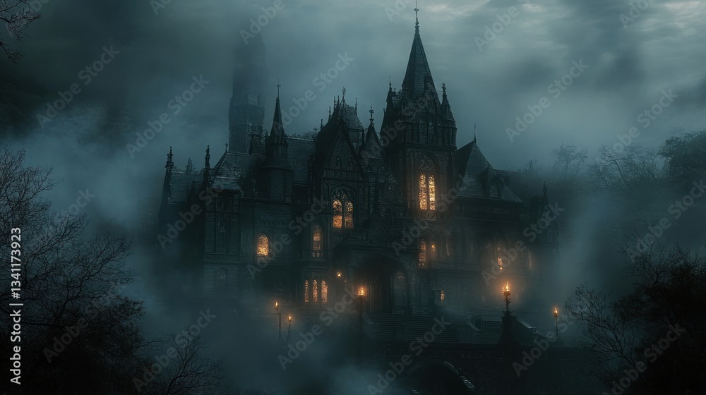 Misty gothic mansion with illuminated windows enveloped in chilling fog Misty gothic mansion with illuminated windows enveloped in chilling fog