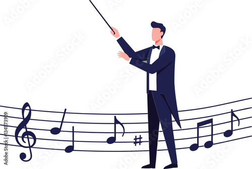 A conductor in a tuxedo passionately directs an orchestra with a baton surrounded by musical notes in flat vector art