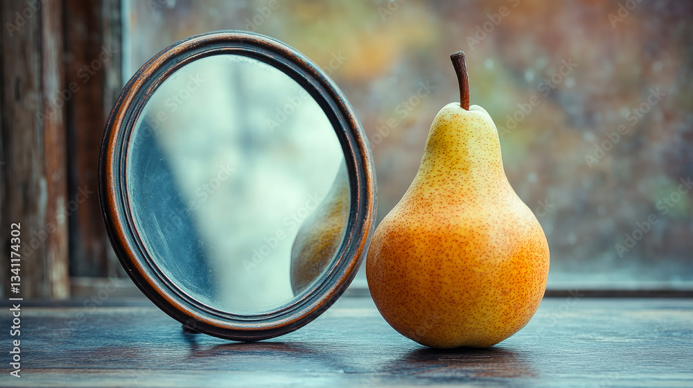 Pear reflected in a round mirror on a wooden table during a calm afternoon