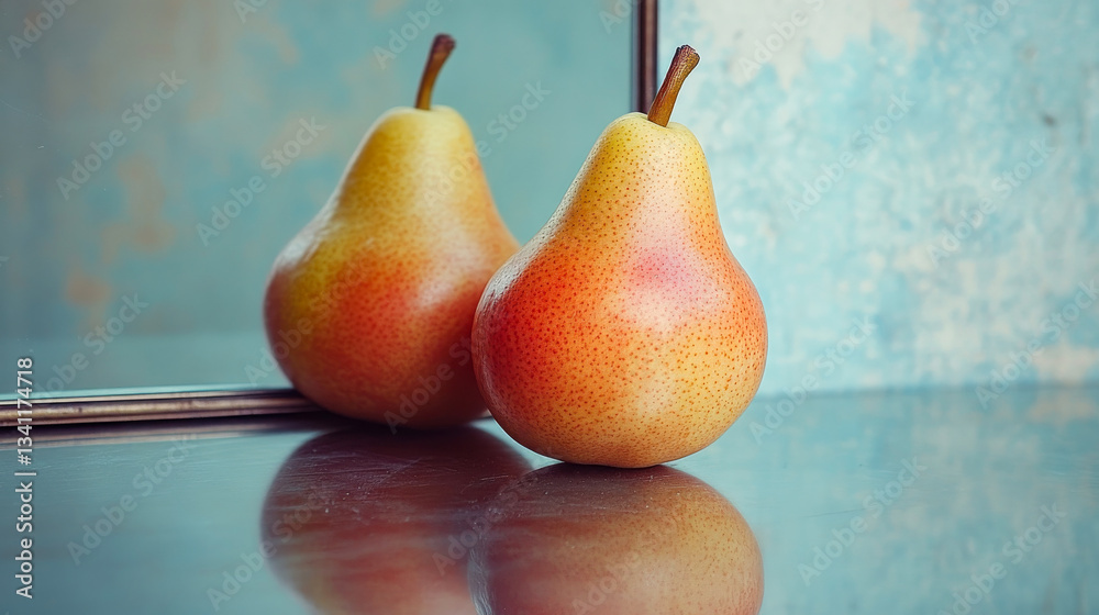 Pears reflecting in the mirror with soft natural light in a kitchen setting