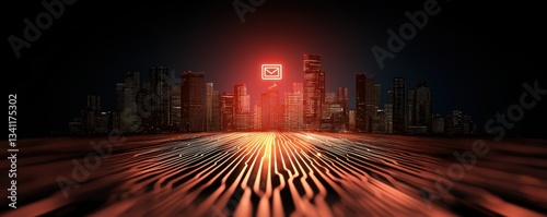 A futuristic city skyline illuminated by a glowing email icon, set against a dark background with dynamic lines suggesting digital connectivity.