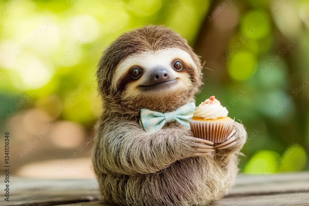 Fototapeta premium A baby sloth with a bowtie holding a tiny cupcake, sitting on a wooden picnic table outdoors