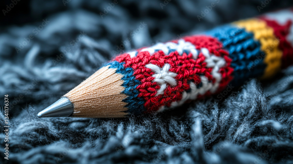 Colorful patterned pencil resting on a soft textured surface in a cozy setting