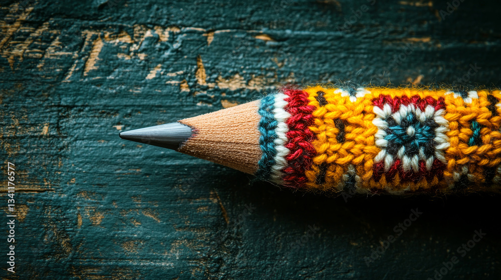Crafting with a colorfully knitted pencil resting on rustic wooden surface