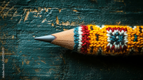 Obraz na płótnie Crafting with a colorfully knitted pencil resting on rustic wooden surface w salonie