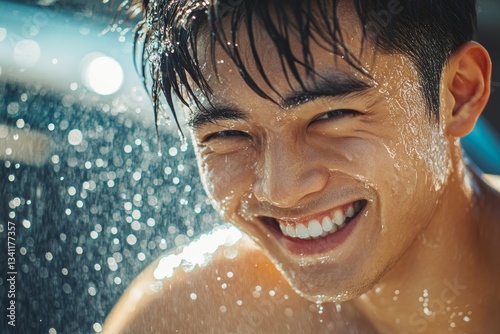 
Portrait photo of a young man, Asian descent, smiling while washing his car, splashes of water on his face under the summer sun, The Male Consumer

