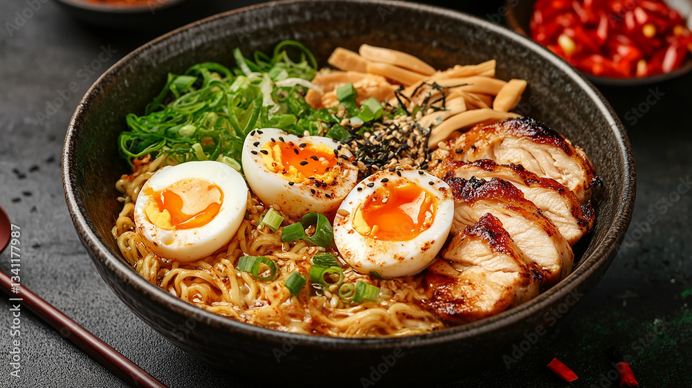 Delicious Ramen Bowl with Soft-Boiled Eggs and Grilled chicken Delicious Ramen Bowl with Soft-Boiled Eggs and Grilled chicken