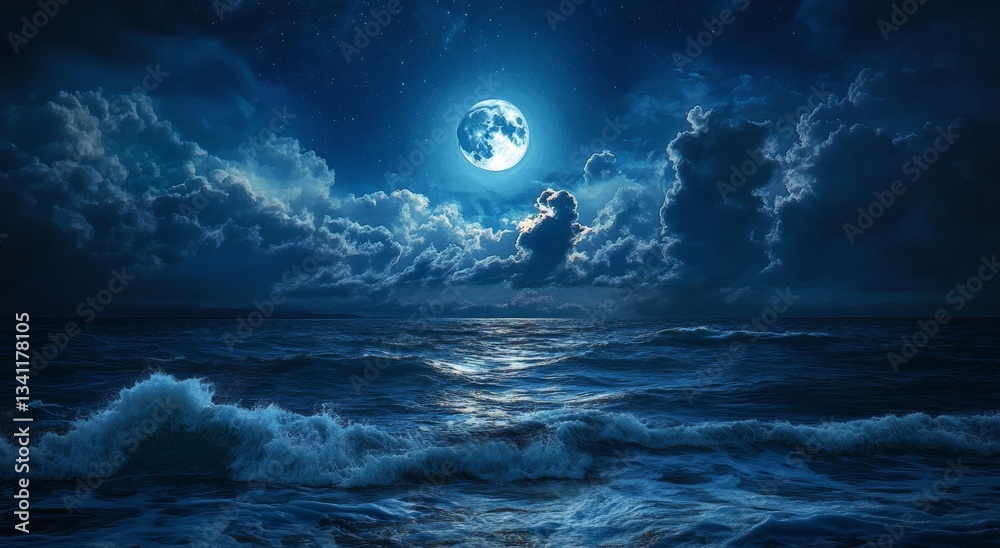 Beautiful ocean scene with a large moon and clouds in the night sky, a fantasy landscape. Beautiful ocean scene with a large moon and clouds in the night sky, a fantasy landscape.