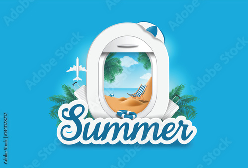 Looking out the airplane window, there is a sandy beach and sunlight reflecting off coconut trees. For a summer vacation travel design, vector 3d illustration isolated for summer advertising design