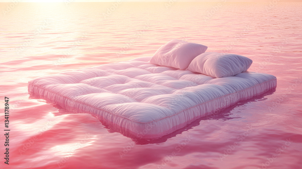 Floating mattress in serene waters during sunset offers a tranquil retreat