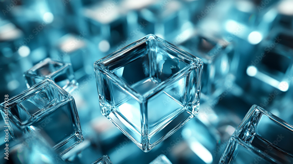 Floating crystal clear cubes create a visually stunning pattern with reflections of light