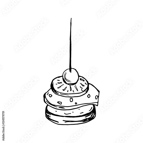 Vector isolated image of Canape, small sandwich strung on skewer. Snack for alcohol, appetizer. Single black and white sketch on white background.