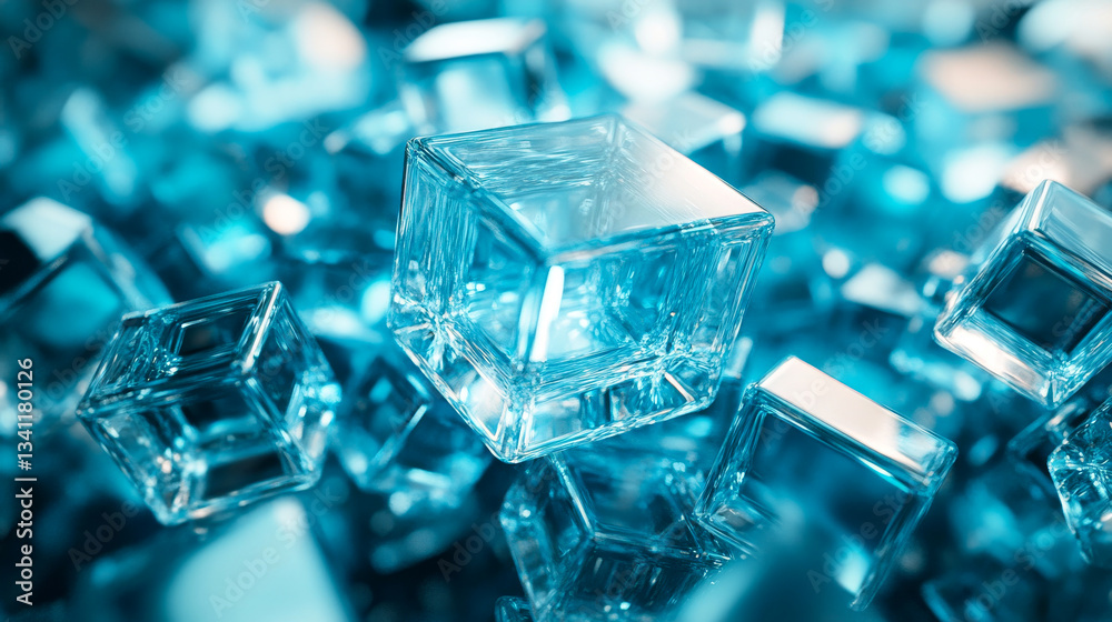 Sparkling ice cubes scattered on a background creating a cool blue ambiance