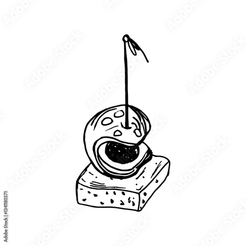 Vector isolated image of Canape, small sandwich strung on skewer. Snack for alcohol, appetizer. Single black and white sketch on white background.