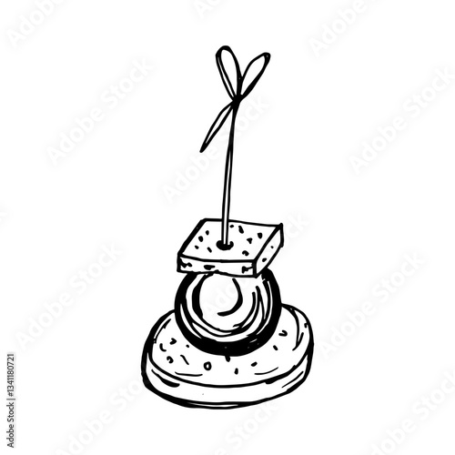 Vector isolated image of Canape, small sandwich strung on skewer. Snack for alcohol, appetizer. Single black and white sketch on white background.