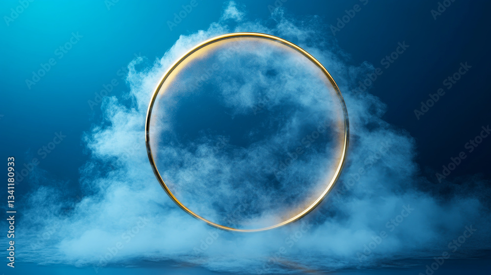 Mysterious glowing ring surrounded by fog in a surreal blue atmosphere