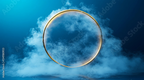 Mysterious glowing ring surrounded by fog in a surreal blue atmosphere