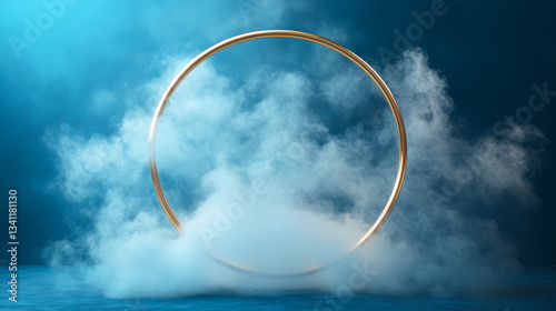 Artistic golden ring surrounded by swirling fog on a blue background