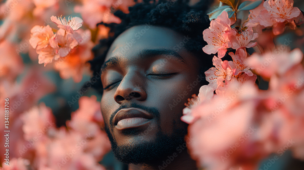 Man enjoying peace among pink blossoms in a spring garden during golden hour