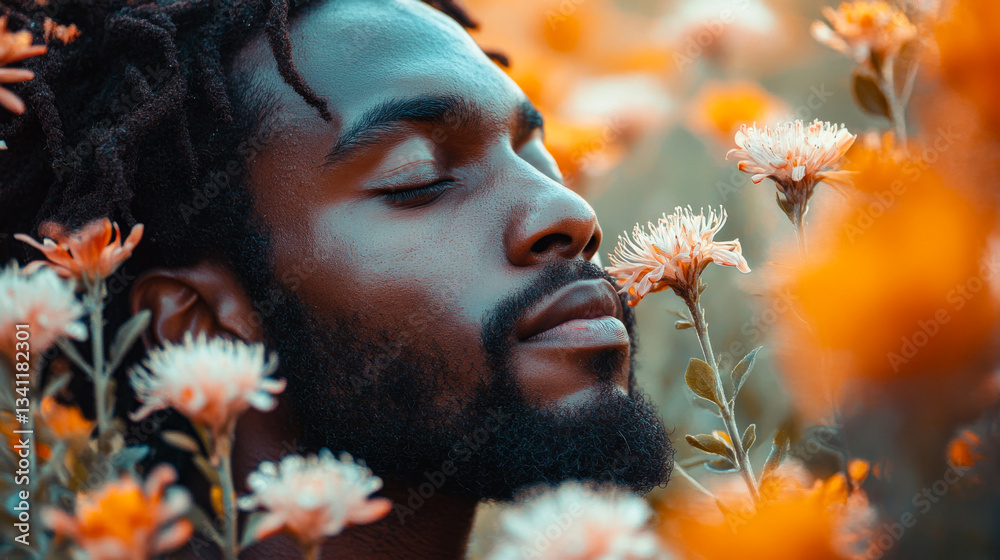 Man enjoying the scent of flowers in a vibrant garden filled with colorful blooms