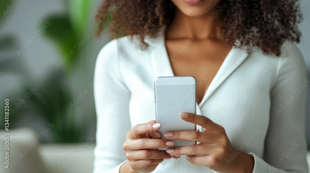 A woman with a phone in a modern interior would be suitable for blogs about technology, social media and mobile apps, as well as for advertising gadgets and digital services. A woman with a phone in a modern interior would be suitable for blogs about technology, social media and mobile apps, as well as for advertising gadgets and digital services.