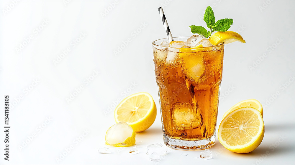 Fototapeta premium Glass of lemon ice tea isolated on white background