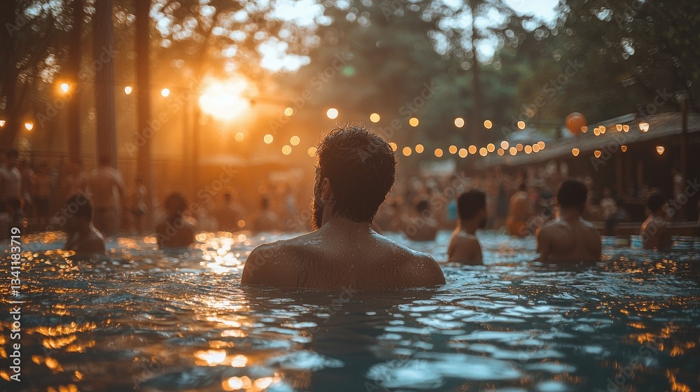 People enjoy a gathering and swim in a pool at dusk People enjoy a gathering and swim in a pool at dusk