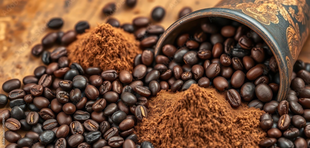 Fototapeta premium Dark roasted coffee beans and freshly ground coffee powder in a rustic setting, dark brown, beverage