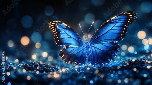 Obraz na płótnie Blue butterfly resting on shimmering surface with vibrant lights glowing at dusk w salonie