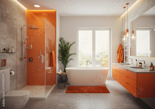  Illustration of modern Tangerine luxury bathroom interior empty new or renovated beautiful decor minimalist style room for copy space