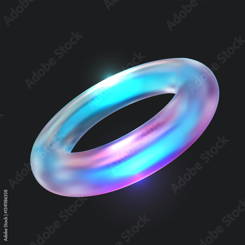 Abstract 3d geometric shape from colorful glass or iridescent chromatic metal isolated on black background. Realistic vector ring object. Modern futuristic design element.