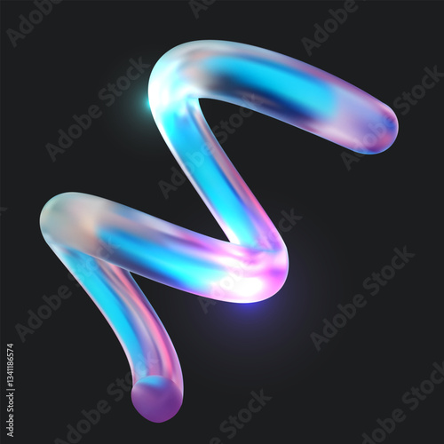 Abstract 3d geometric shape from colorful glass or iridescent chromatic metal isolated on black background. Realistic vector spiral object. Modern futuristic design element.