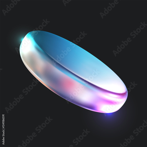 Abstract 3d geometric shape from colorful glass or iridescent chromatic metal isolated on black background. Realistic vector cylindrical object. Modern futuristic design element.