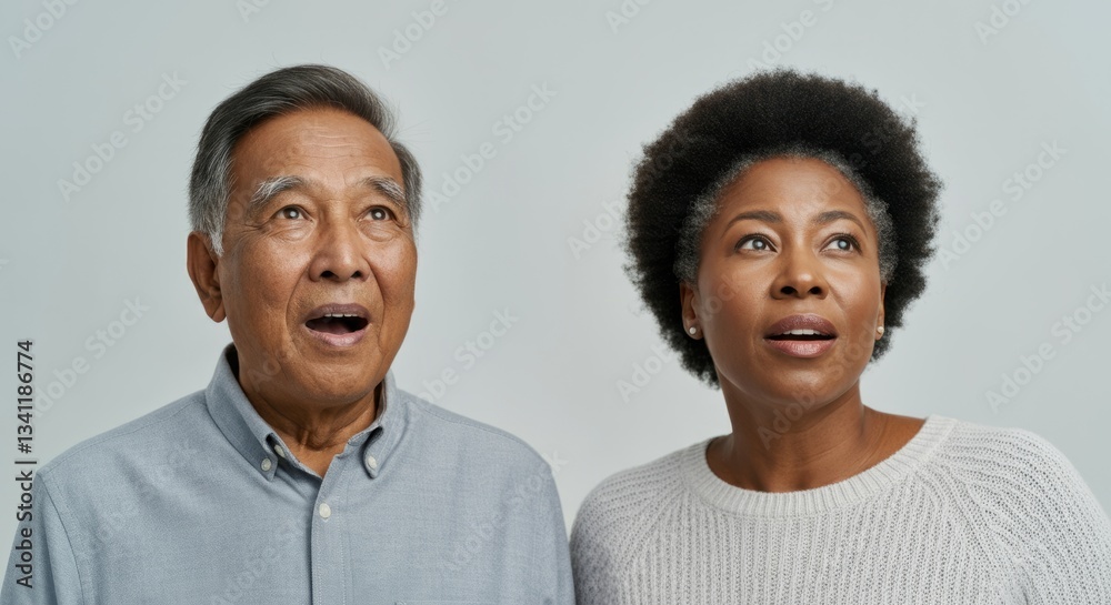 Surprised elderly asian male and mature african female looking ahead in awe Surprised elderly asian male and mature african female looking ahead in awe