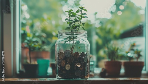 Wallpaper Mural A piggy bank, clock, and money coins sprouting like plants collectively symbolize financial growth, savings, and inflation, as well as the potential for long-term investments and financial prosperity Torontodigital.ca