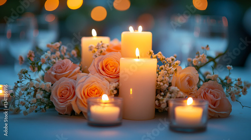 Obraz na płótnie Romantic table setting with candles and roses creating a warm atmosphere for a special evening w salonie