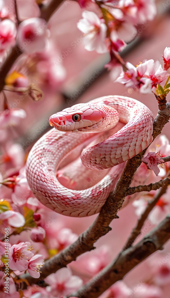 Fototapeta premium Snake on a branch of blossoming sakura